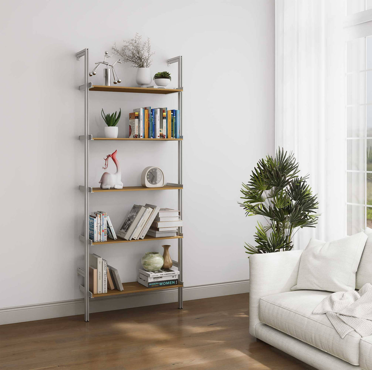 Aluminaire wood inspired modular shelving unit with wood-look aluminum shelves and satin vertical posts, one bay, 31-inch shelf width, shown with open shelf levels.