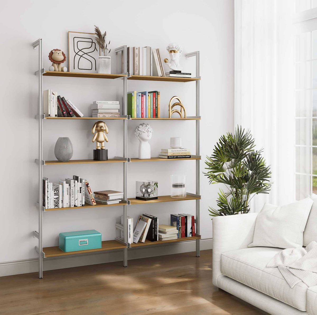 Aluminaire wood inspired modular shelving unit with wood-look aluminum shelves and satin vertical posts, two bays, 31-inch shelf width, shown with open shelf levels.