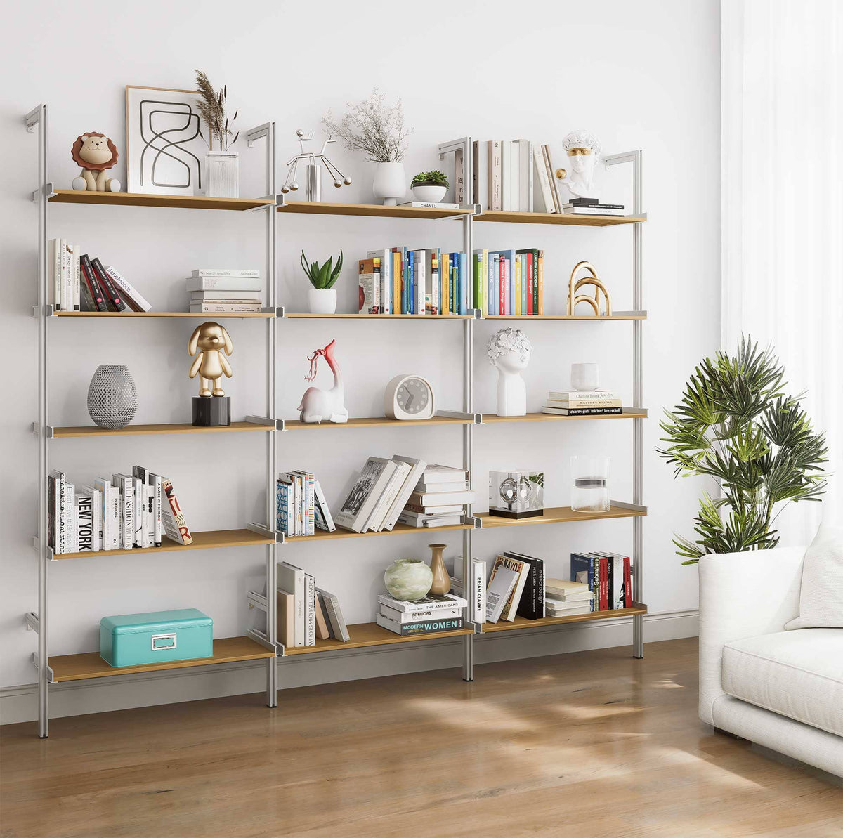 Aluminaire wood inspired modular shelving unit with wood-look aluminum shelves and satin vertical posts, three bays, 31-inch shelf width, shown with open shelf levels.