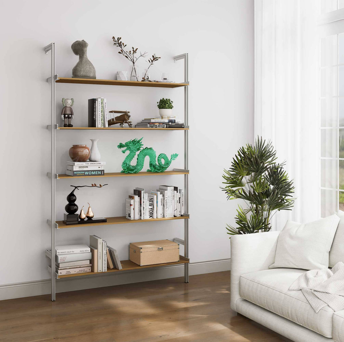 Aluminaire wood inspired modular shelving unit with wood-look aluminum shelves and satin vertical posts, one bay, 48-inch shelf width, shown with open shelf levels.