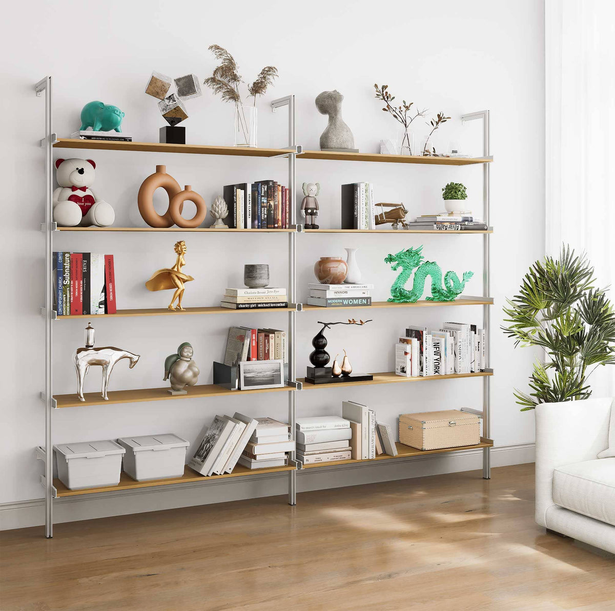 Aluminaire wood inspired modular shelving unit with wood-look aluminum shelves and satin vertical posts, two bays, 48-inch shelf width, shown with open shelf levels.