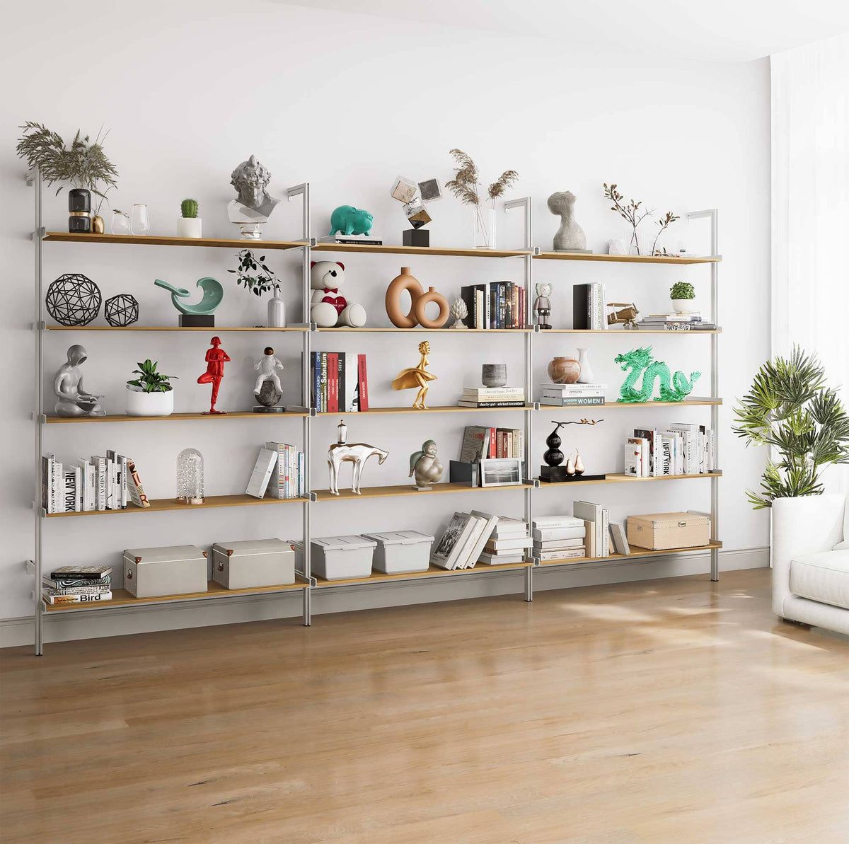 Aluminaire wood inspired modular shelving unit with wood-look aluminum shelves and satin vertical posts, three bays, 48-inch shelf width, shown with open shelf levels.