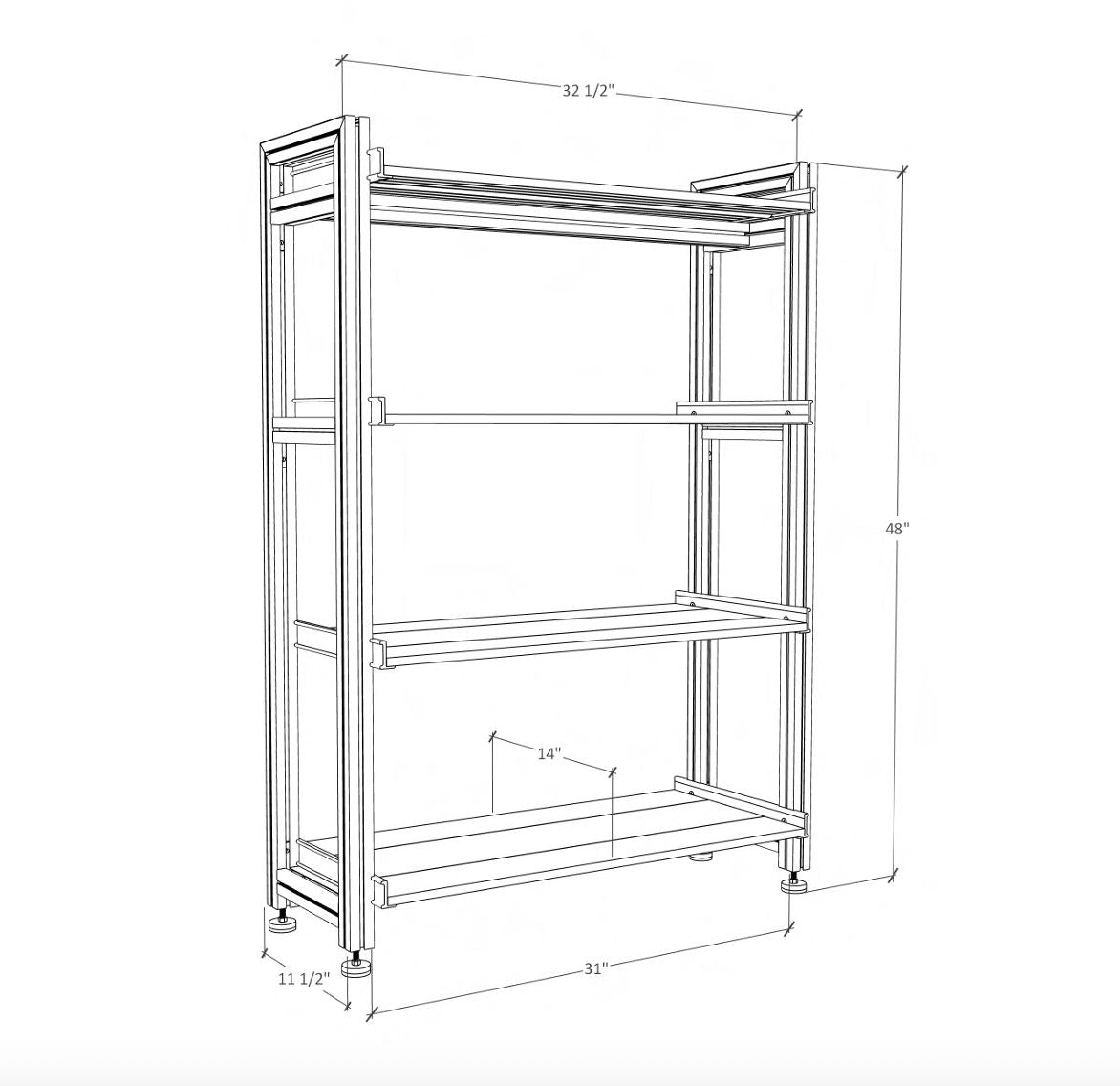 Retail display shelving unit, shown with open shelving.