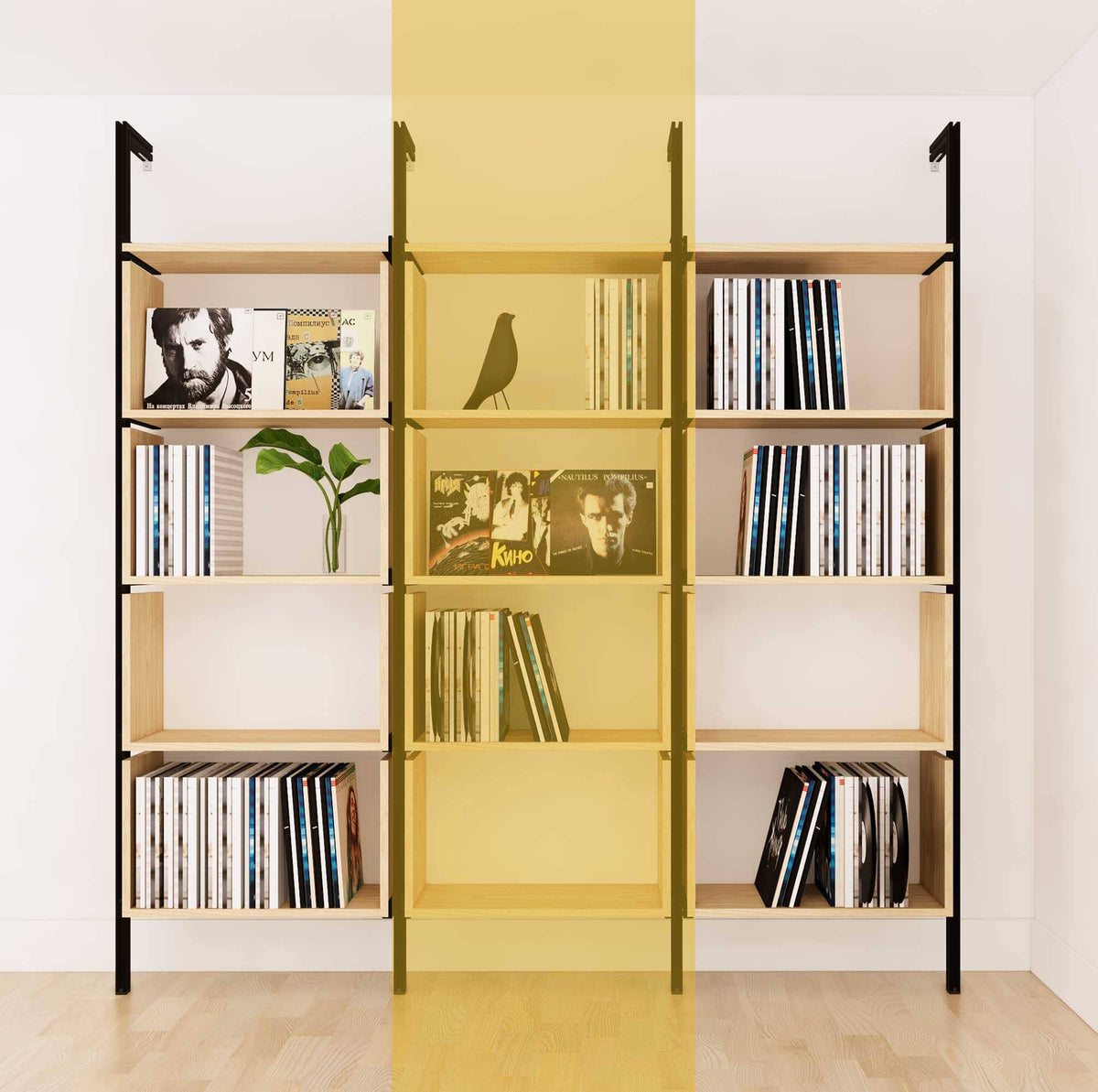 Modular vinyl storage shelving unit with Casting Light shelves and black vertical posts, one bay, shown with open record storage shelf levels.
