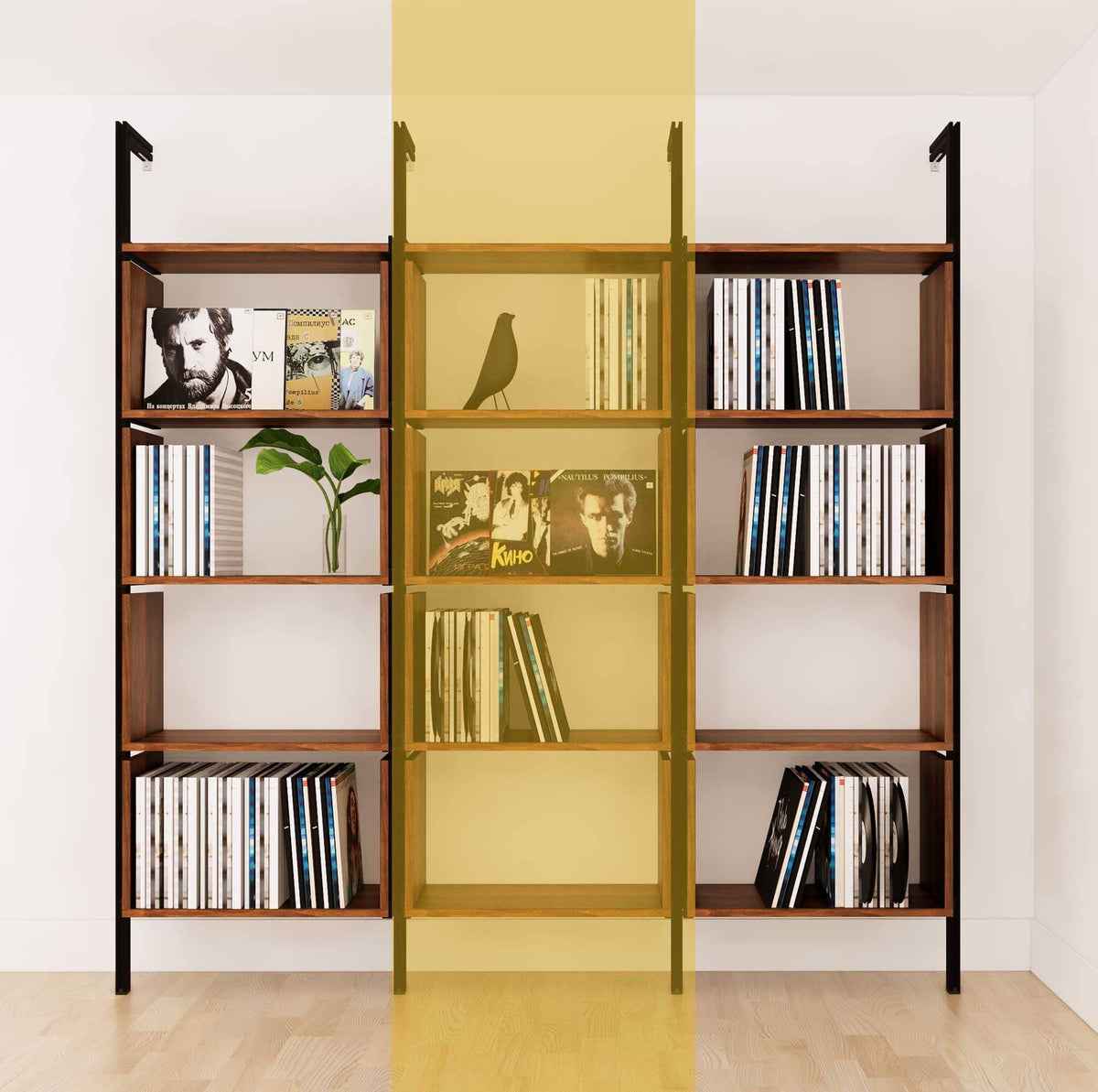 Modular vinyl storage shelving unit with wood-look shelves and black vertical posts, one bay, shown with open record storage shelf levels.