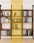Modular vinyl storage shelving unit with wood-look shelves and black vertical posts, one bay, shown with open record storage shelf levels.