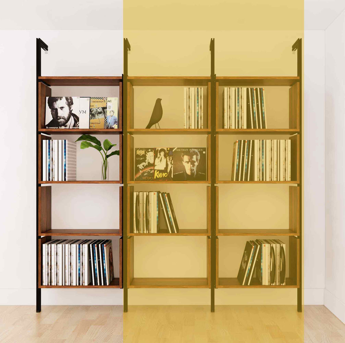 Modular vinyl storage shelving extension with wood-look shelves and black vertical post, two bays, shown with open record storage shelf levels.