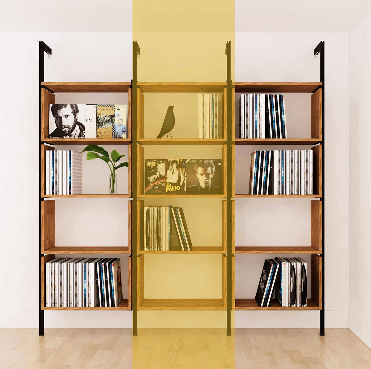 Modular vinyl storage shelving unit with Tea for Two shelves and black vertical posts, one bay, shown with open record storage shelf levels.
