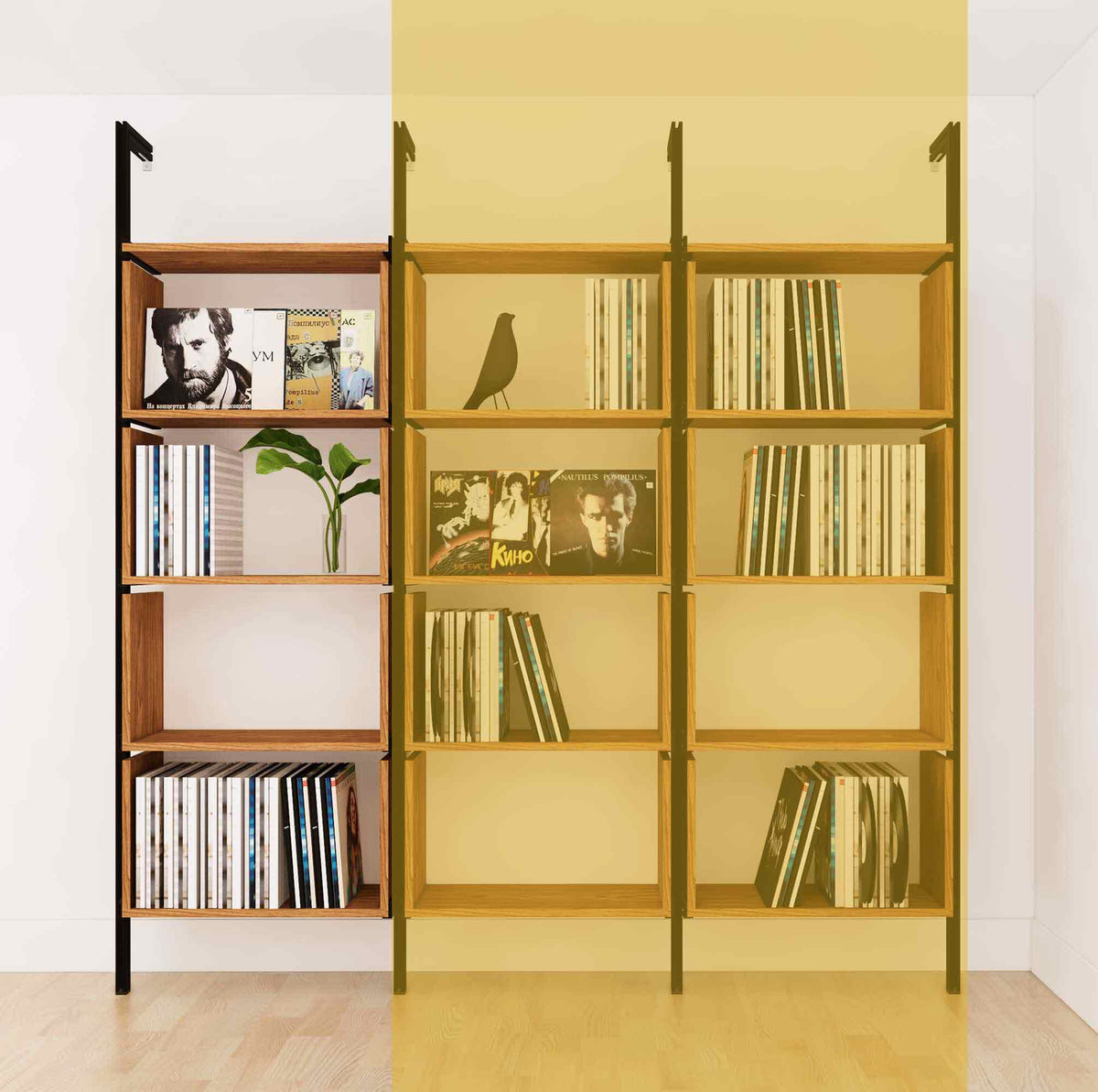 Modular vinyl storage shelving unit with Tea for Two shelves and black vertical posts, two bays, shown with open record storage shelf levels.