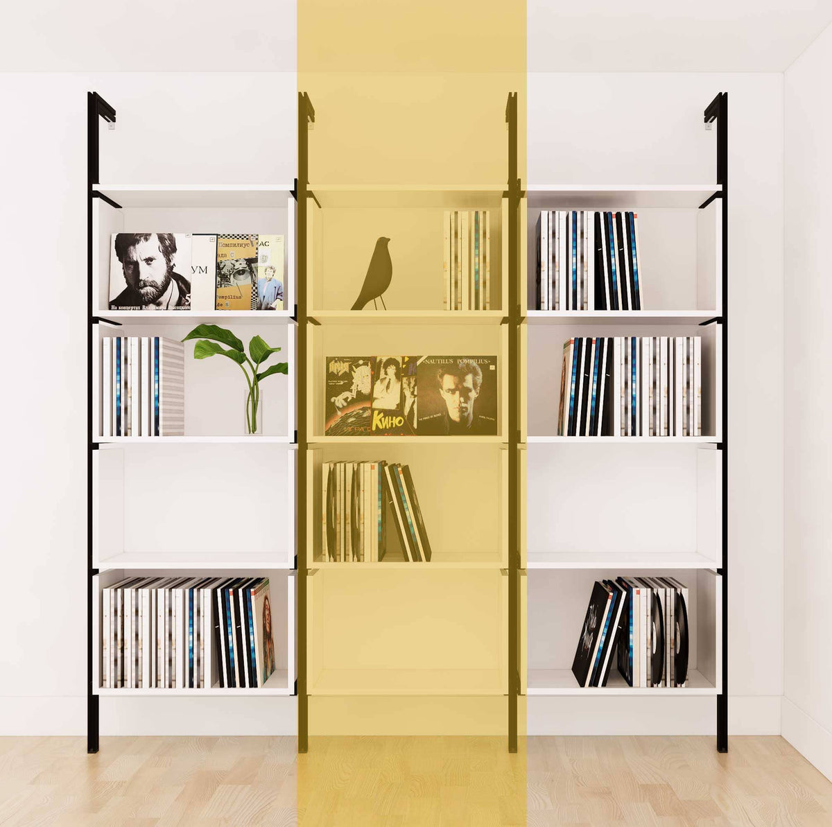 Modular vinyl storage shelving unit with white shelves and black vertical posts, one bay, shown with open record storage shelf levels.