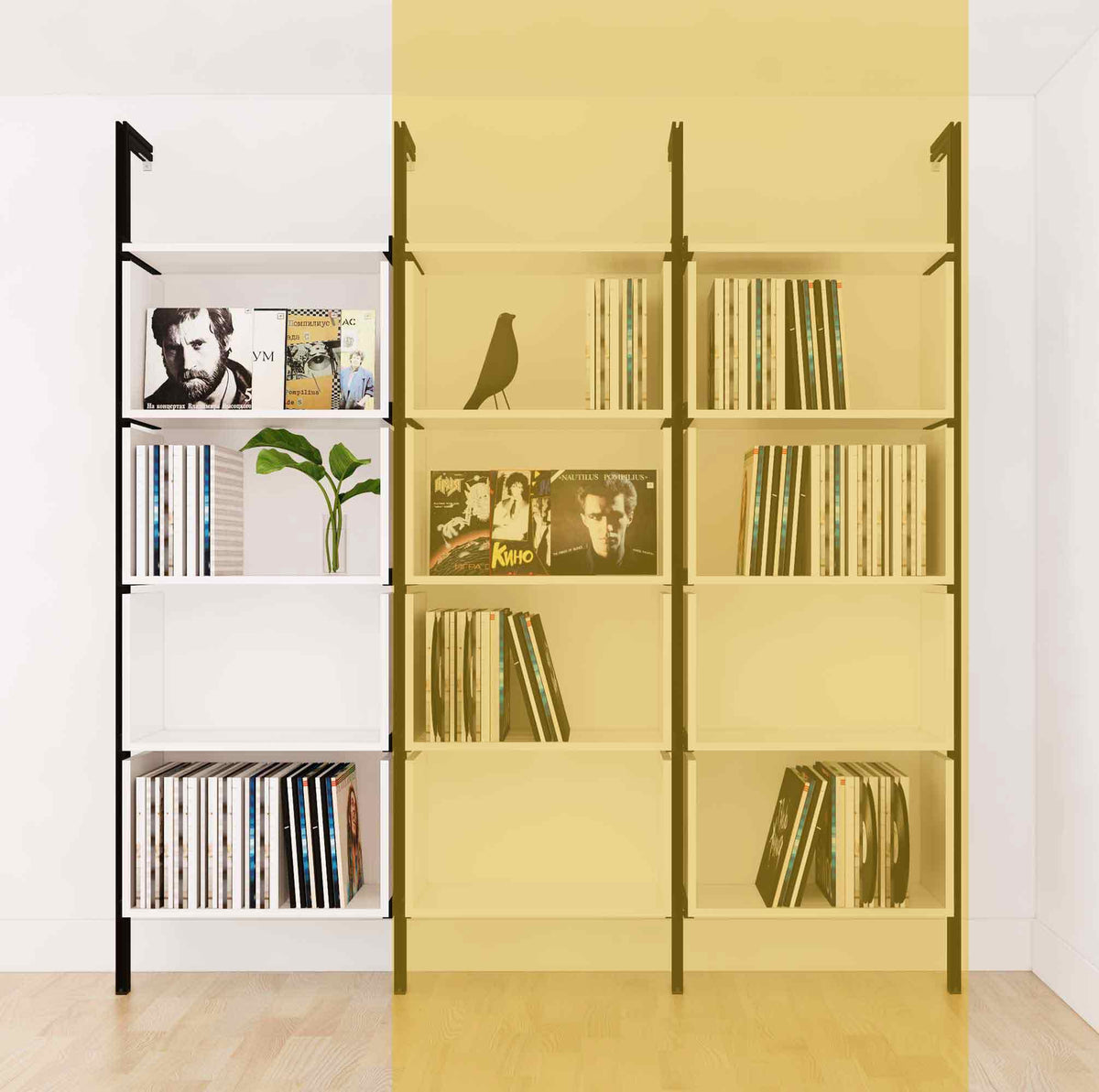 Modular vinyl storage shelving extension with white shelves and black vertical post, two bays, shown with open record storage shelf levels.