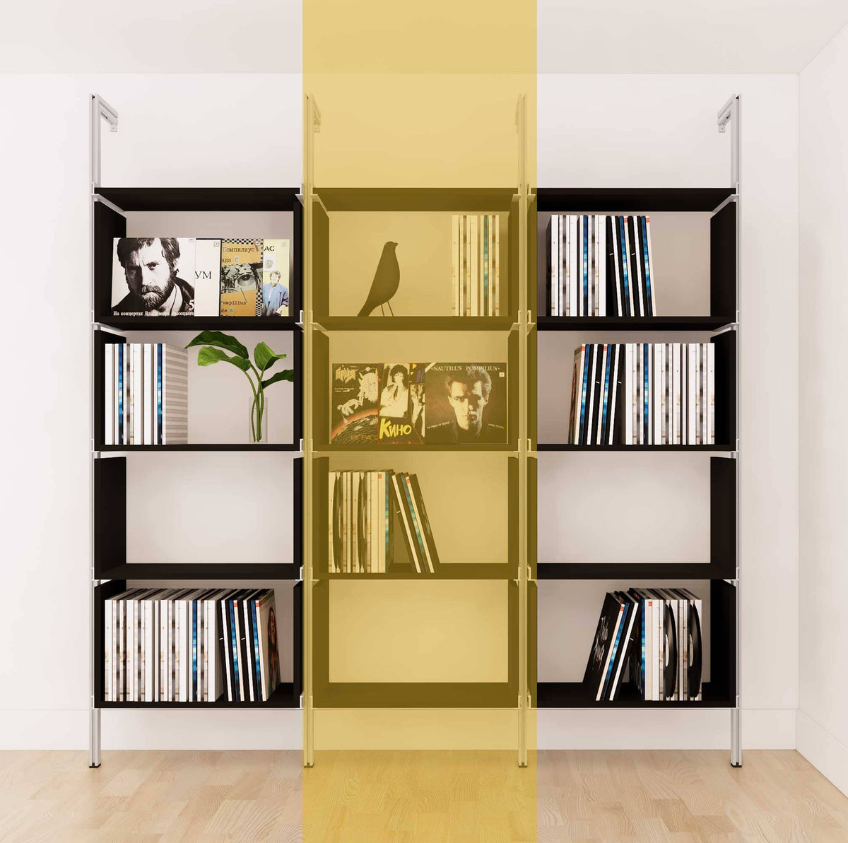 Modular vinyl storage shelving unit with black shelves and satin vertical posts, one bay, shown with open record storage shelf levels.