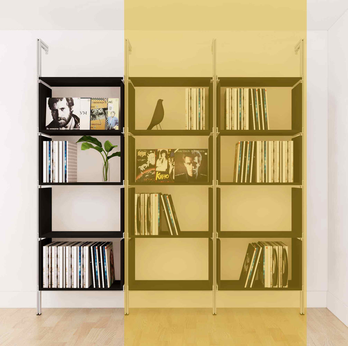 Modular vinyl storage shelving unit with black shelves and satin vertical posts, two bays, shown with open record storage shelf levels.
