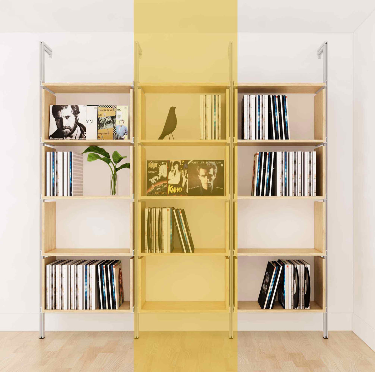 Modular vinyl storage shelving unit with Casting Light shelves and satin vertical posts, one bay, shown with open record storage shelf levels.