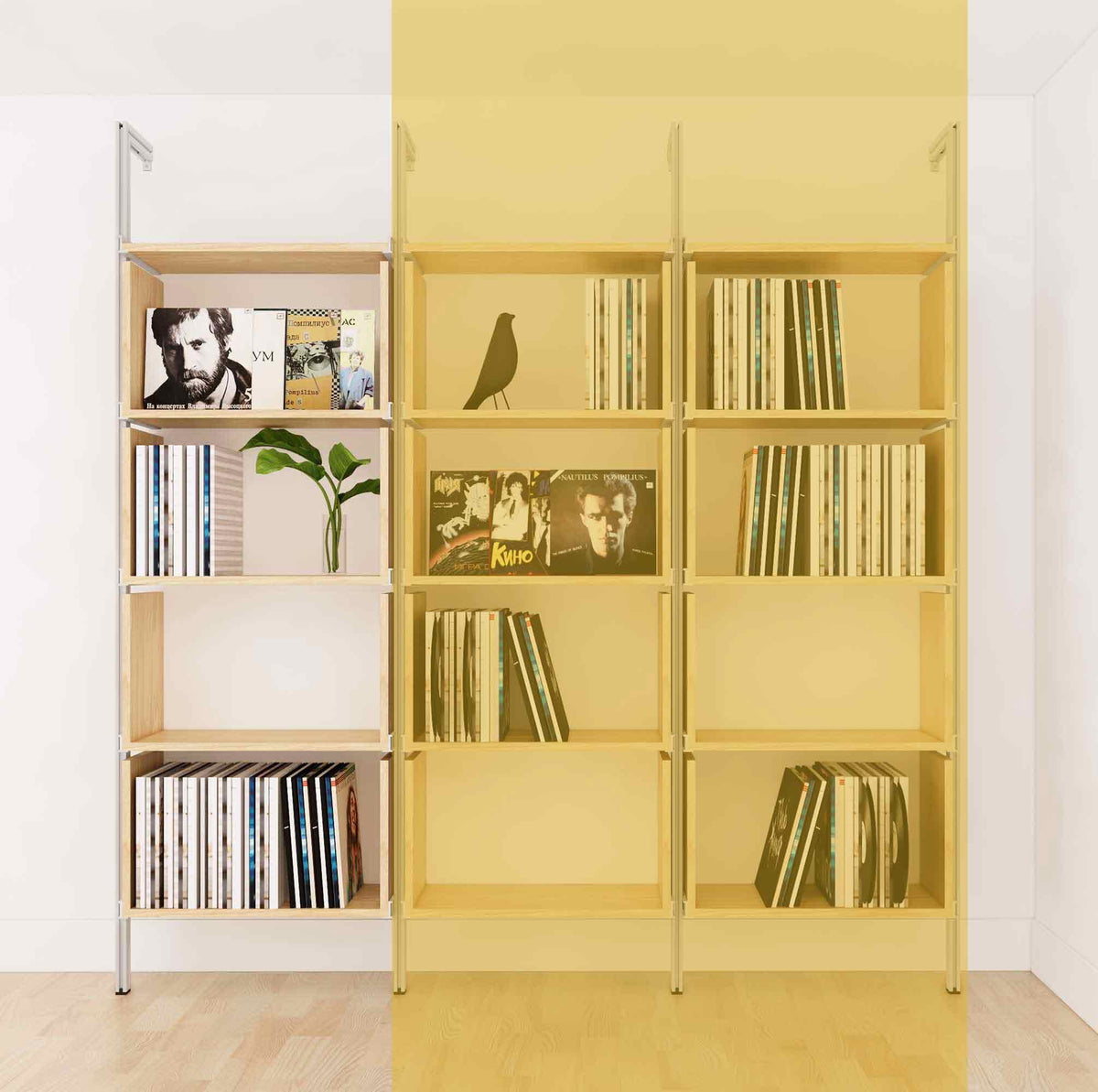 Modular vinyl storage shelving extension with Casting Light shelves and satin vertical post, two bays, shown with open record storage shelf levels.