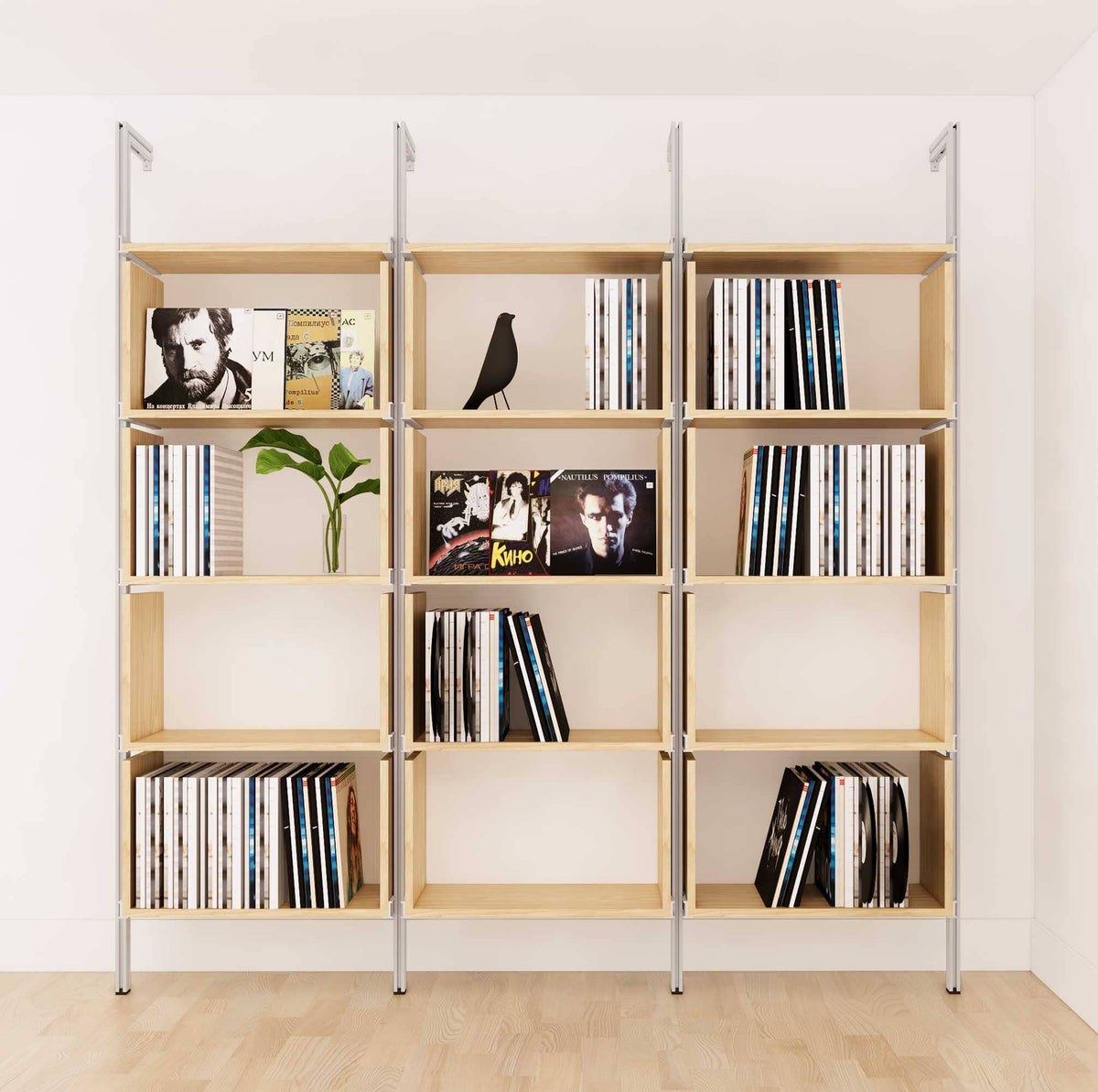 Modular vinyl storage shelving extension with Casting Light shelves and satin vertical post, shown with open record storage shelf levels.