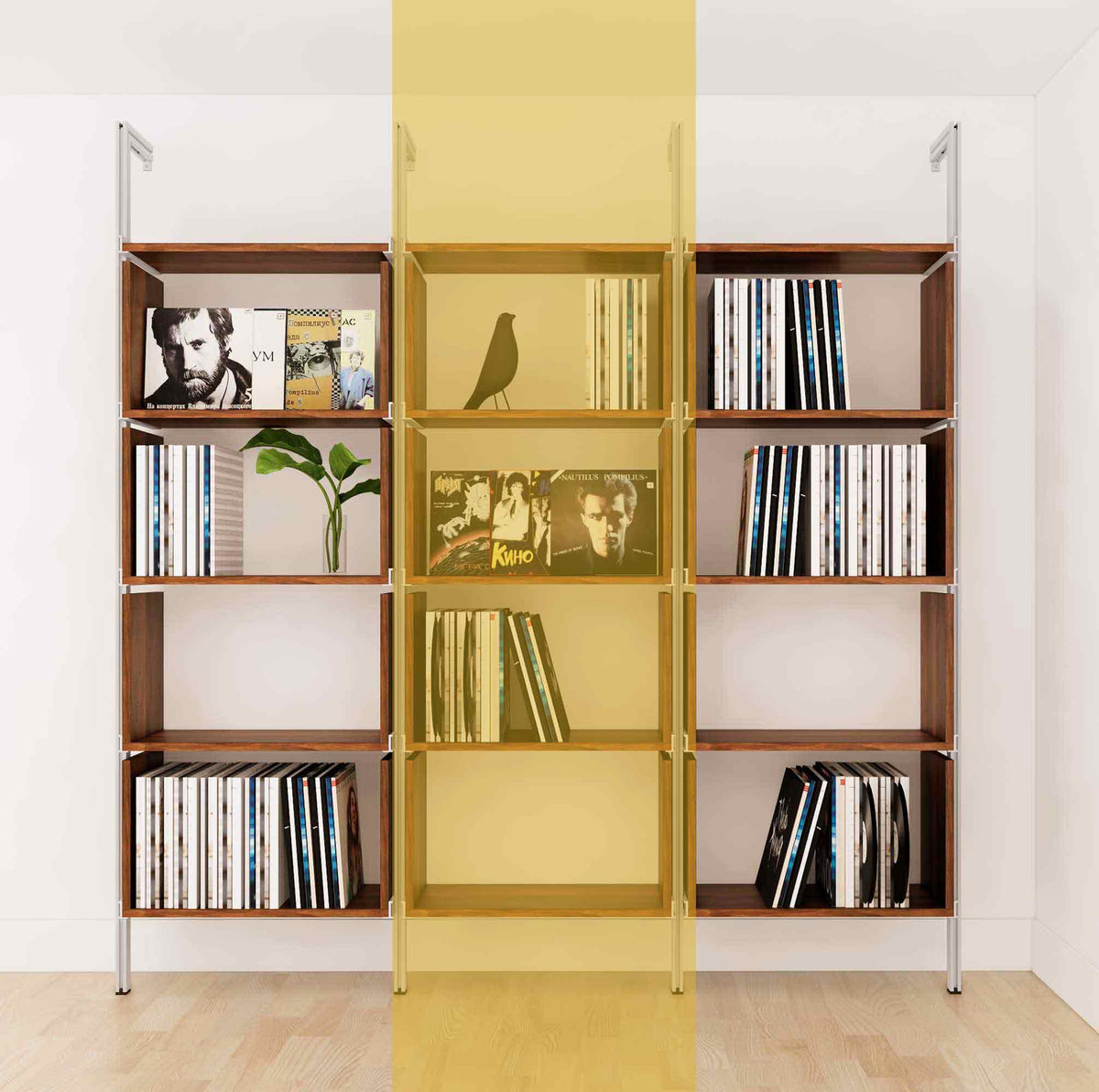 Modular vinyl storage shelving unit with wood-look shelves and satin vertical posts, one bay, shown with open record storage shelf levels.