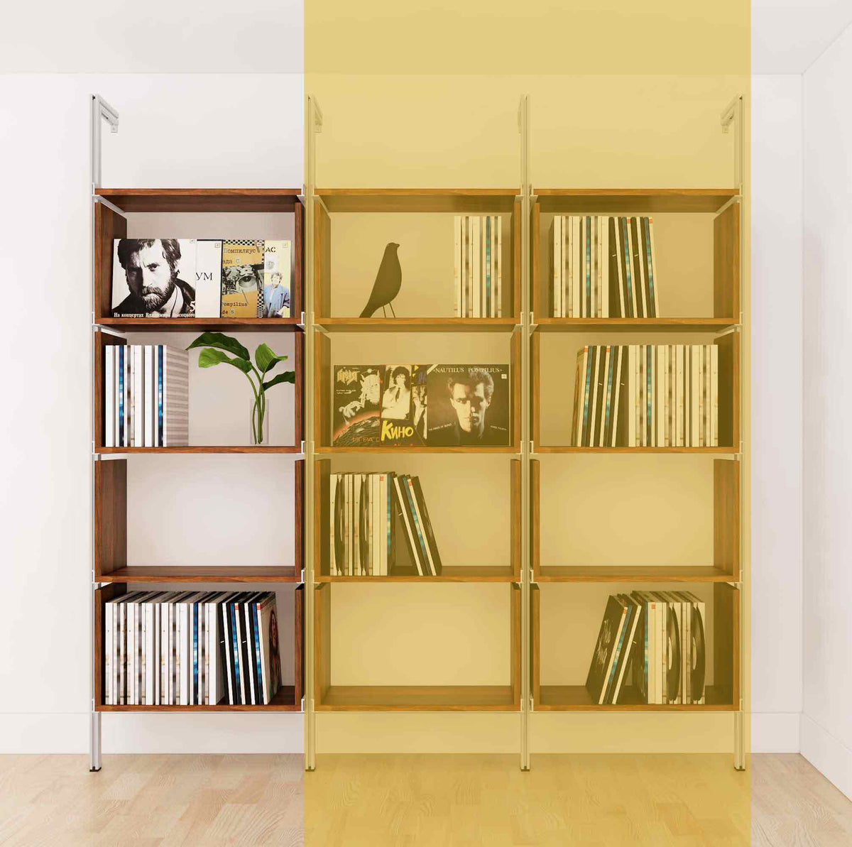 Modular vinyl storage shelving unit with wood-look shelves and satin vertical posts, two bays, shown with open record storage shelf levels.