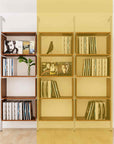 Modular vinyl storage shelving unit with wood-look shelves and satin vertical posts, two bays, shown with open record storage shelf levels.