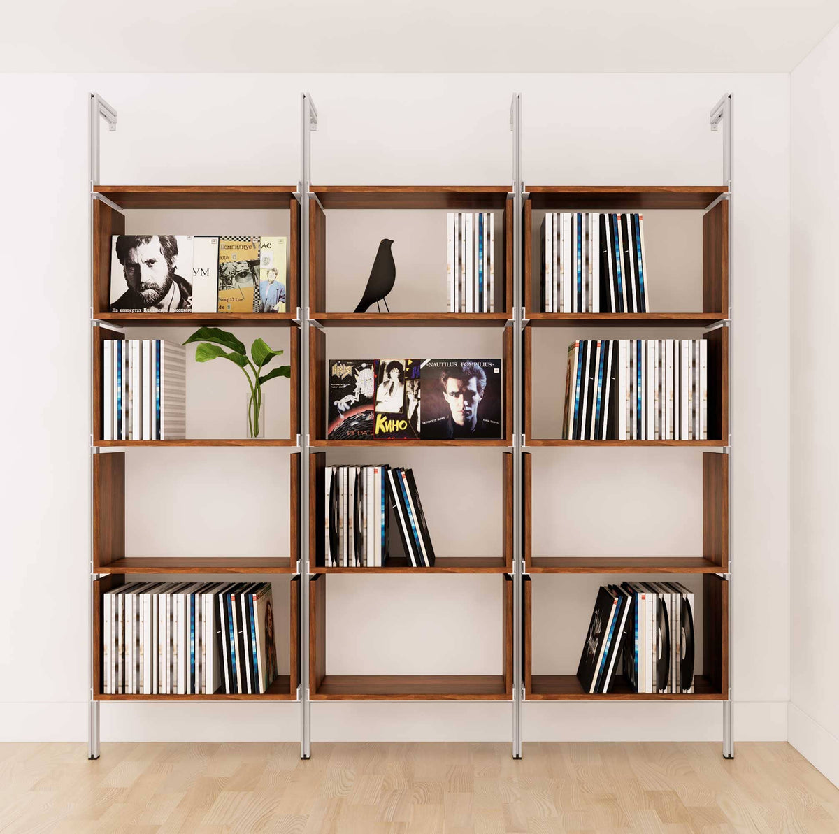 Modular vinyl storage shelving unit with wood-look shelves and satin vertical posts, two bays, shown with open record storage shelf levels.