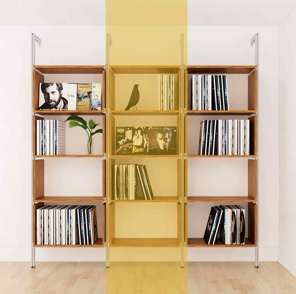 Modular vinyl storage shelving unit with Tea for Two shelves and satin vertical posts, one bay, shown with open record storage shelf levels.
