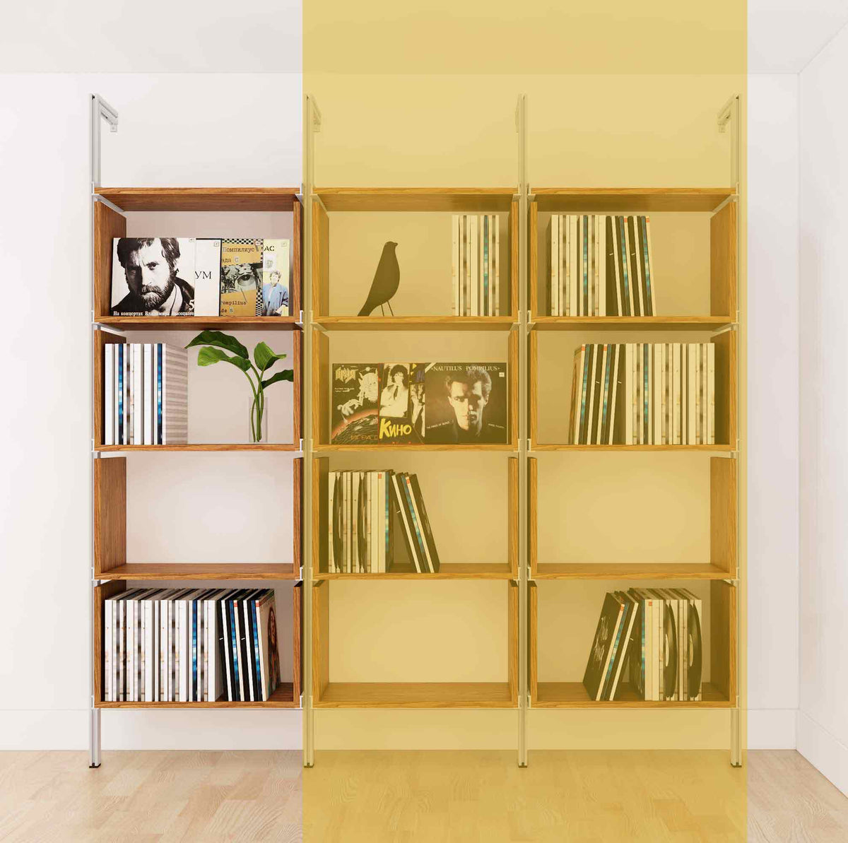 Modular vinyl storage shelving extension with Tea for Two shelves and satin vertical post, two bays, shown with open record storage shelf levels.