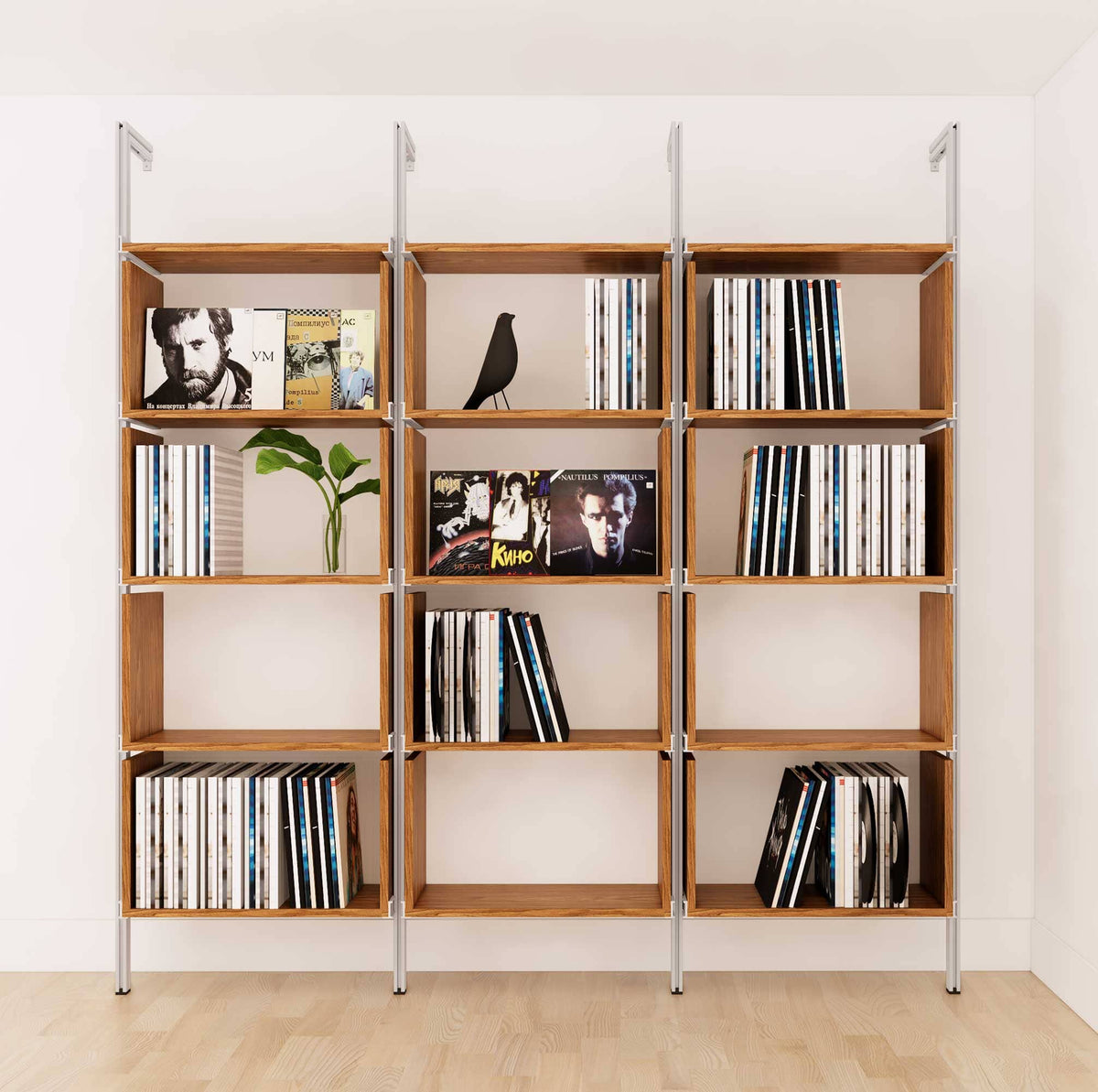 Modular vinyl storage shelving unit with Tea for Two shelves and satin vertical posts, three bays, shown with open record storage shelf levels.