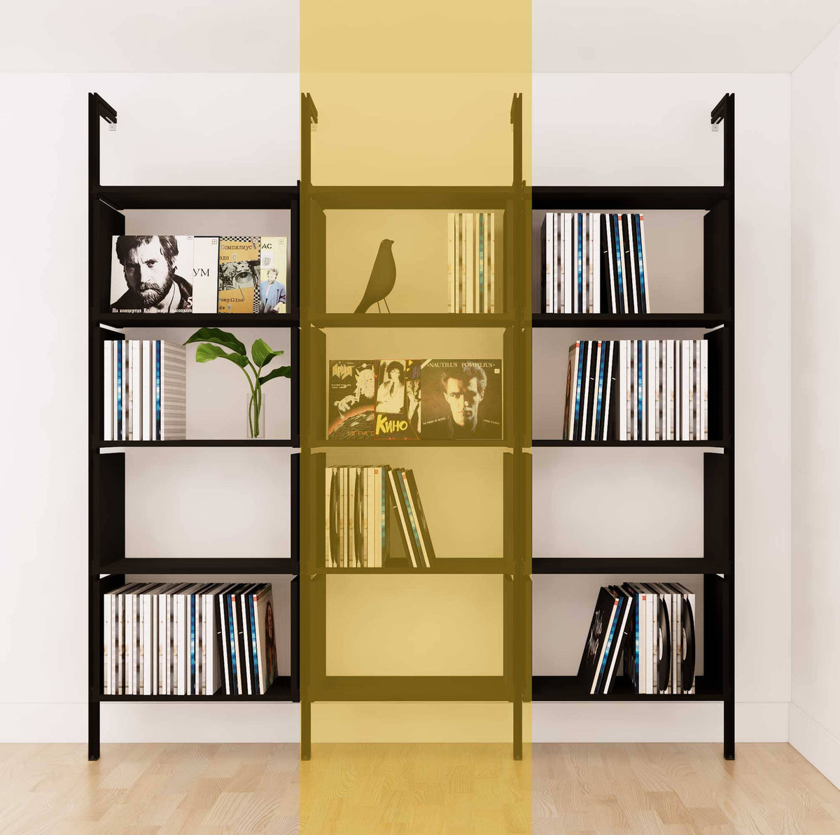 Modular vinyl storage shelving unit with white shelves and satin vertical posts, one bay, shown with open record storage shelf levels.