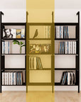 Modular vinyl storage shelving unit with white shelves and satin vertical posts, one bay, shown with open record storage shelf levels.