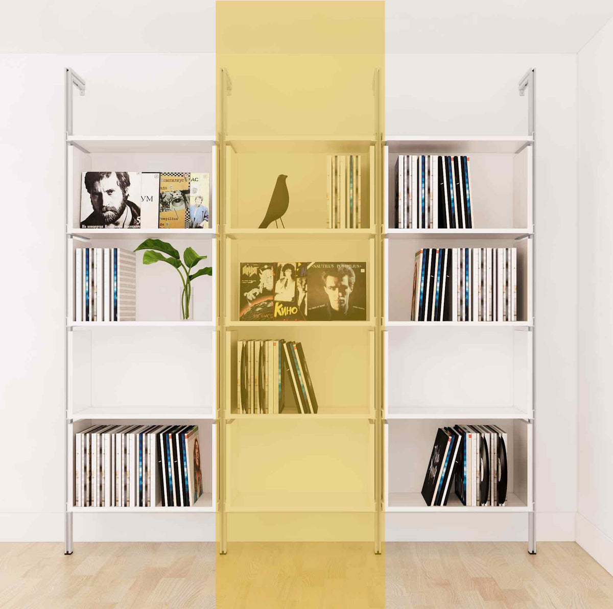 Modular vinyl storage shelving unit with white shelves and satin vertical posts, one bay, shown with open record storage shelf levels.