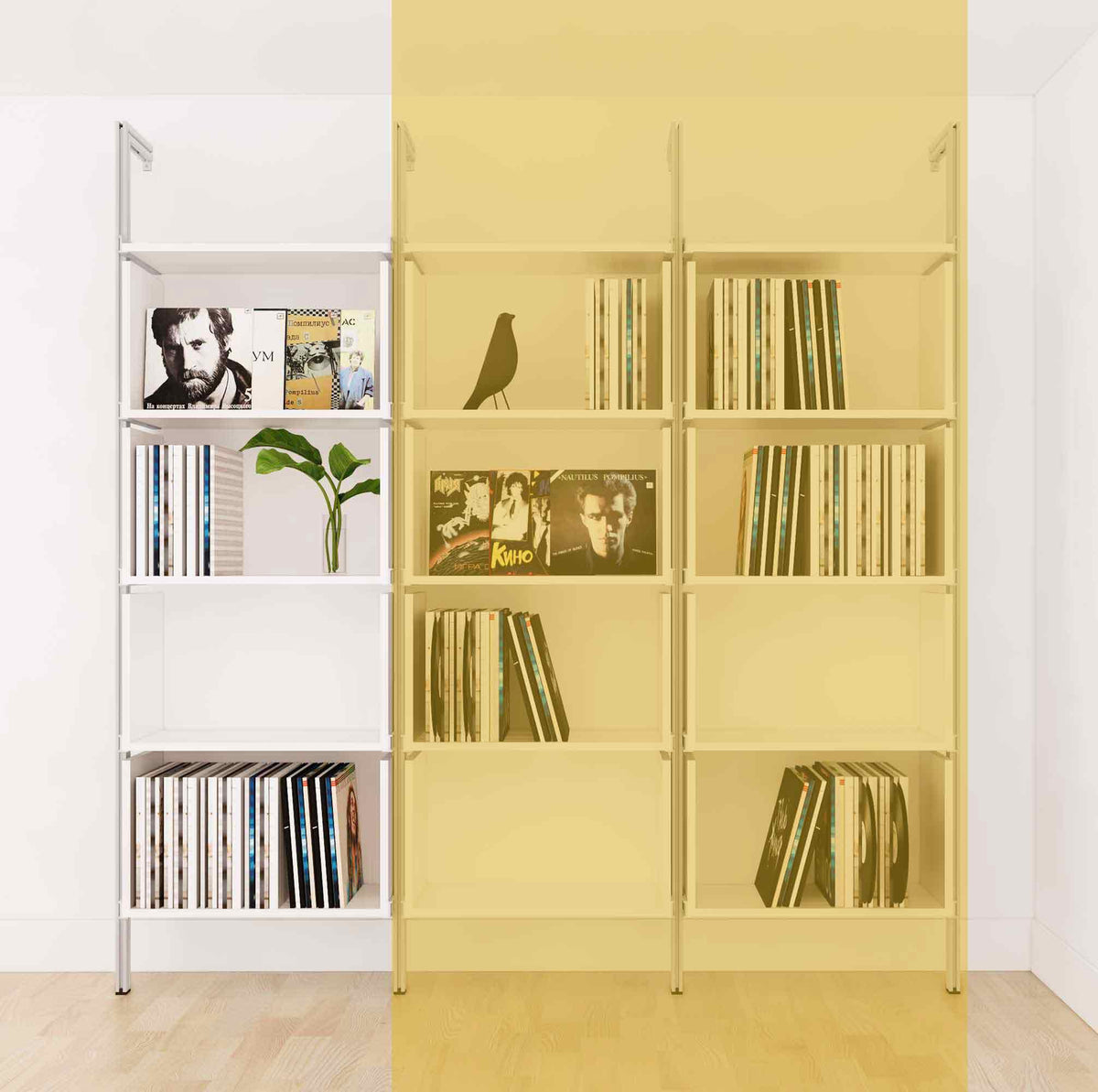 Modular vinyl storage shelving unit with white shelves and satin vertical posts, two bays, shown with open record storage shelf levels.