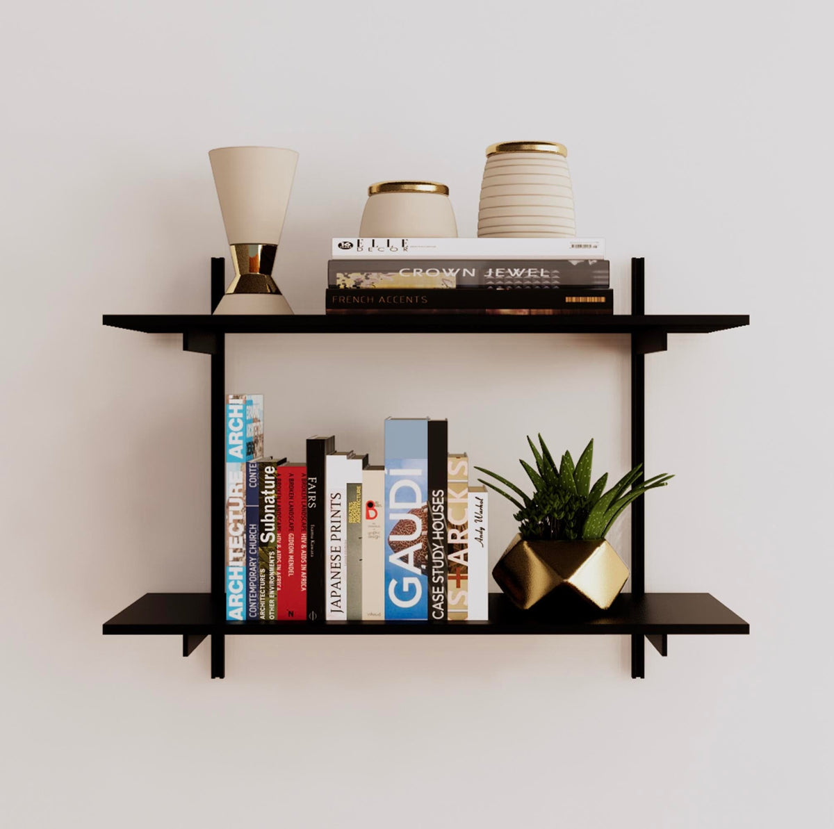 Modular shelving unit with black shelves, black vertical posts, and one bay, shown with two open shelf levels.