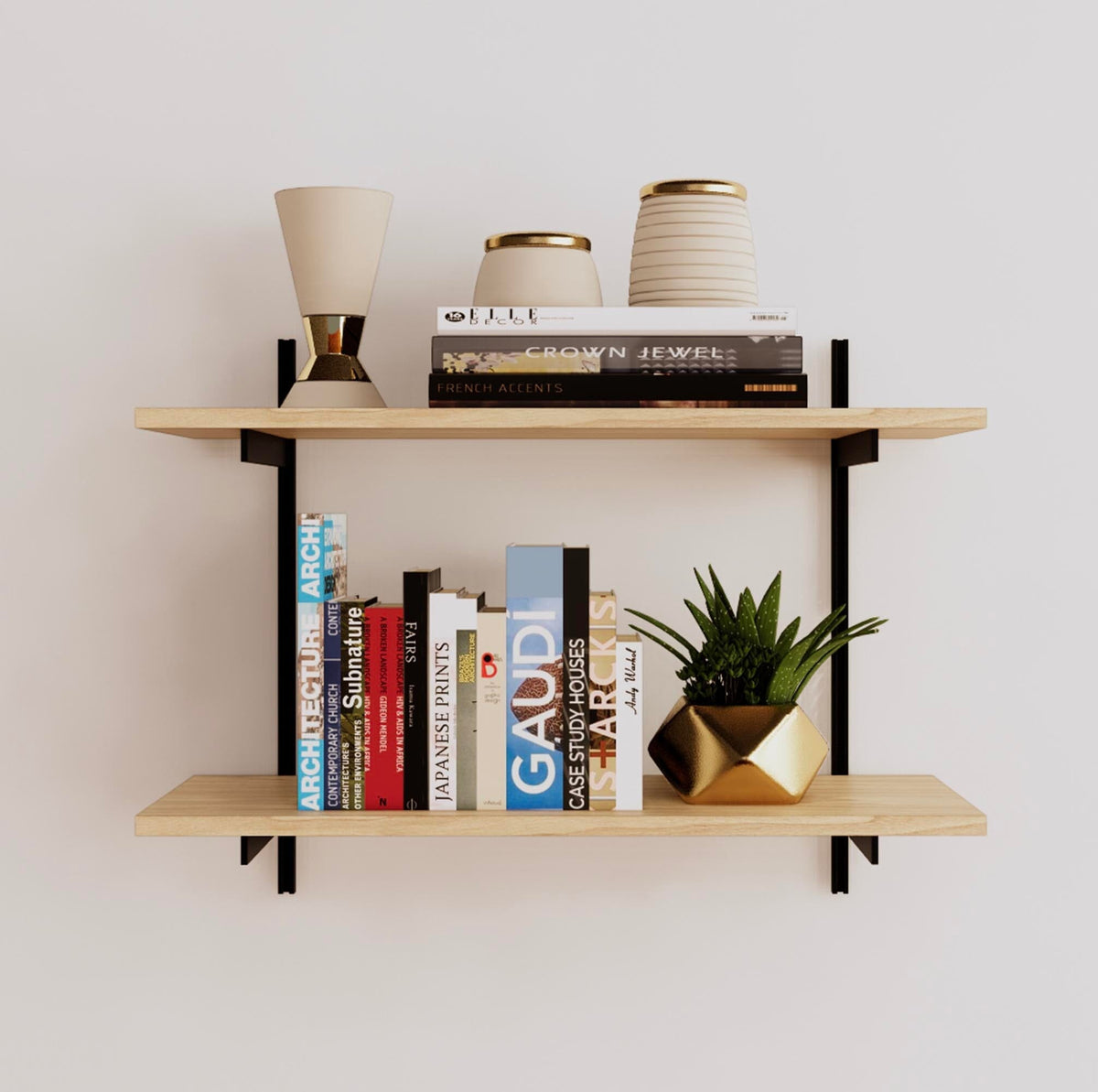 Modular shelving unit with Casting Light shelves, black vertical posts, and one bay, shown with two open shelf levels.