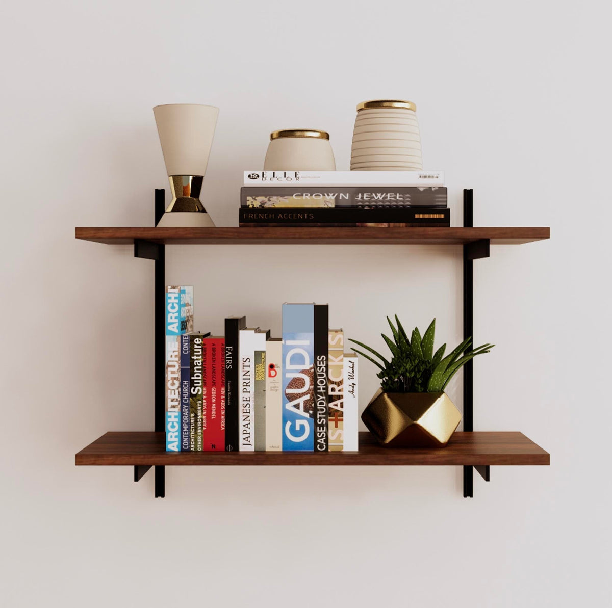 Modular shelving unit with Tea for Two shelves, black vertical posts, and one bay, shown with two open shelf levels.