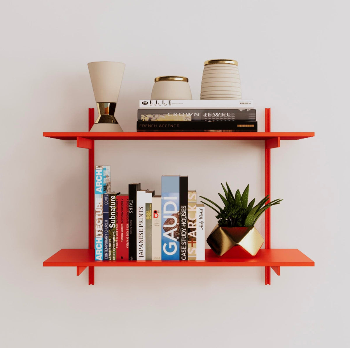 Modular shelving unit with orange shelves, orange vertical posts, and one bay, shown with two open shelf levels.