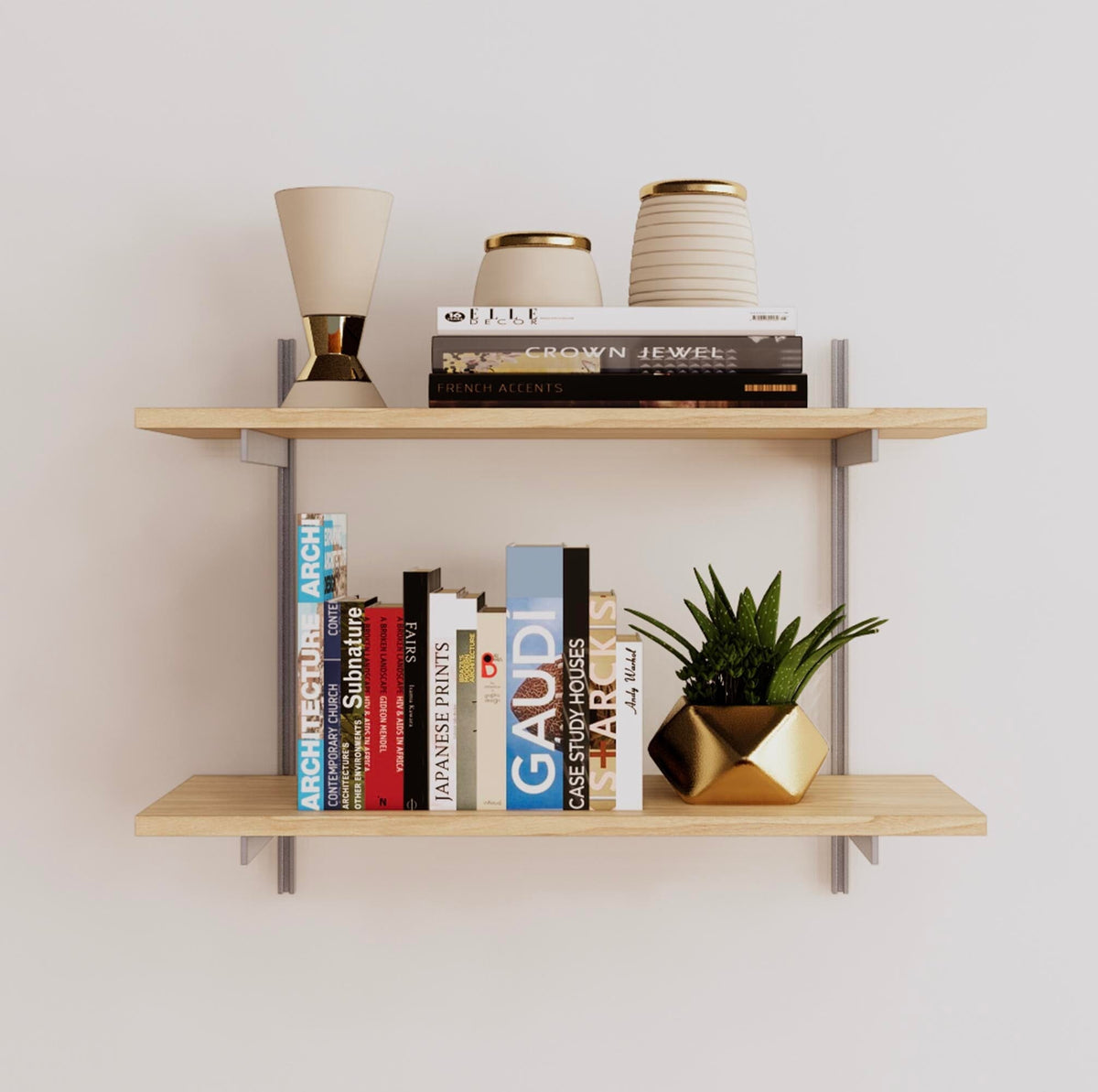 Modular shelving unit with Casting Light shelves, satin vertical posts, and one bay, shown with two open shelf levels.