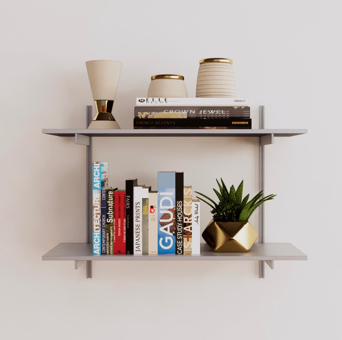 Modular shelving unit with satin shelves, satin vertical posts, and one bay, shown with two open shelf levels.