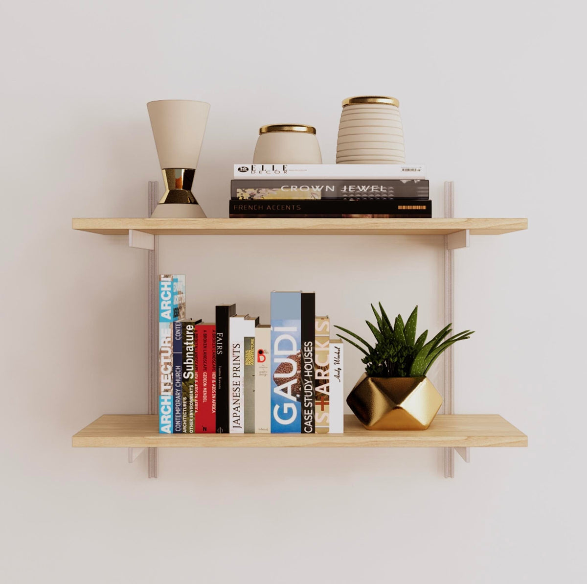 Modular shelving unit with Casting Light shelves, white vertical posts, and one bay, shown with two open shelf levels.