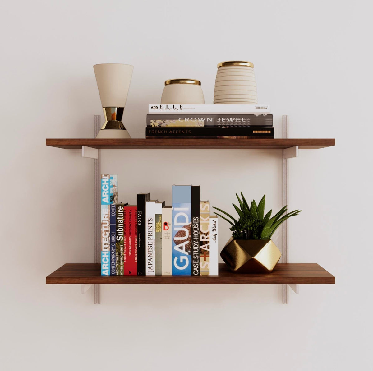 Modular shelving unit with Tea for Two shelves, white vertical posts, and one bay, shown with two open shelf levels.