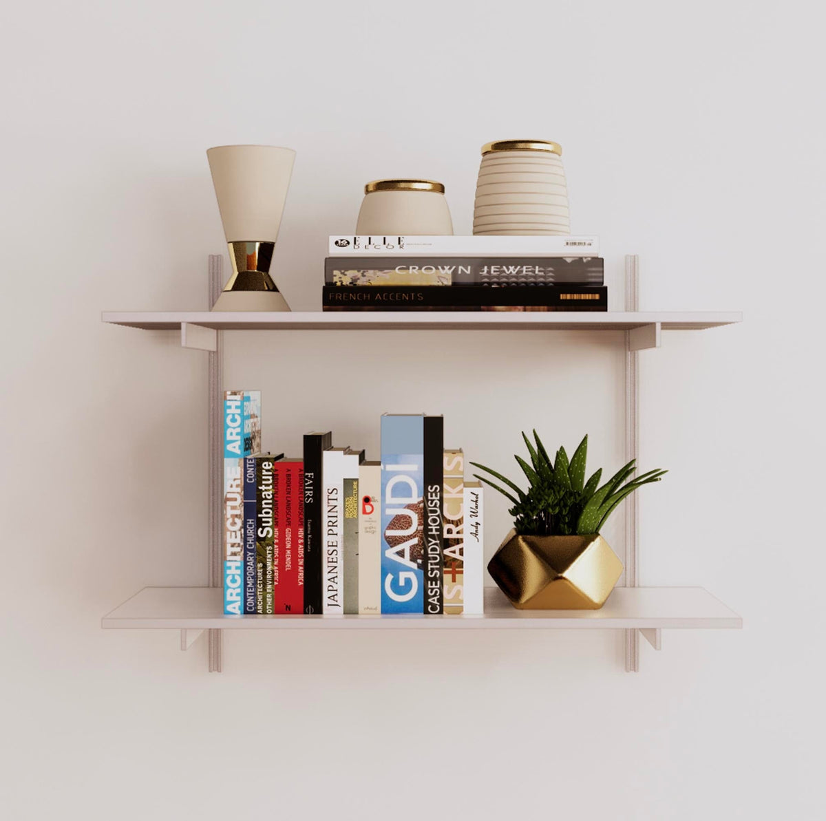 Modular shelving unit with white shelves, white vertical posts, and one bay, shown with two open shelf levels.