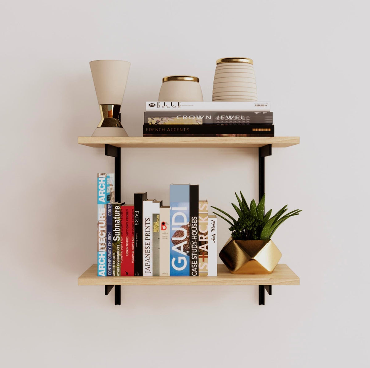 Modular shelving unit with Casting Light shelves, black vertical posts, and one bay, shown with two open shelf levels.