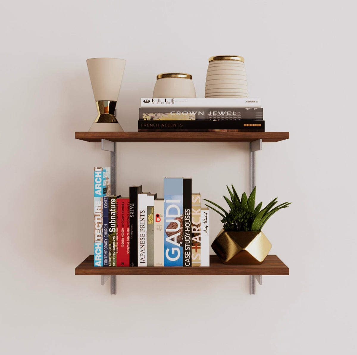 Modular shelving unit with Tea for Two shelves, satin vertical posts, and one bay, shown with two open shelf levels.