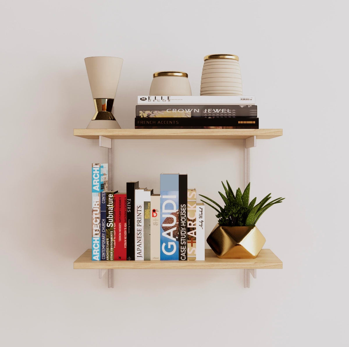 Modular shelving unit with Casting Light shelves, white vertical posts, and one bay, shown with two open shelf levels.