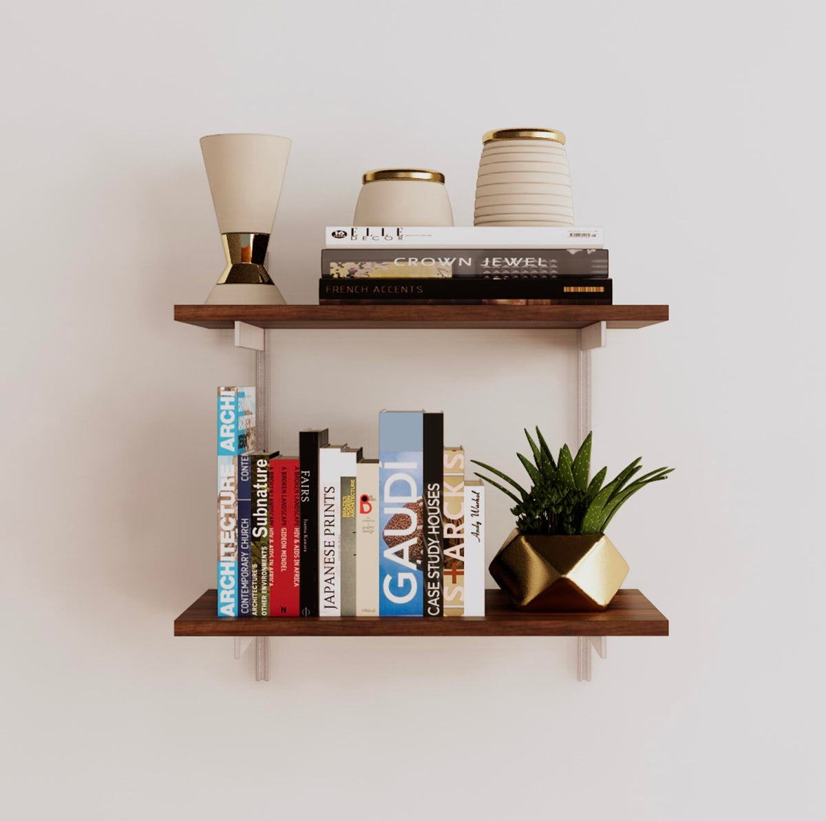 Modular shelving unit with Tea for Two shelves, white vertical posts, and one bay, shown with two open shelf levels.