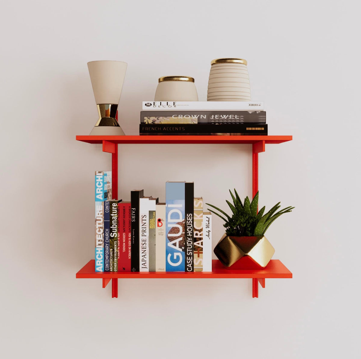 Modular shelving unit with orange shelves, orange vertical posts, and one bay, shown with two open shelf levels.