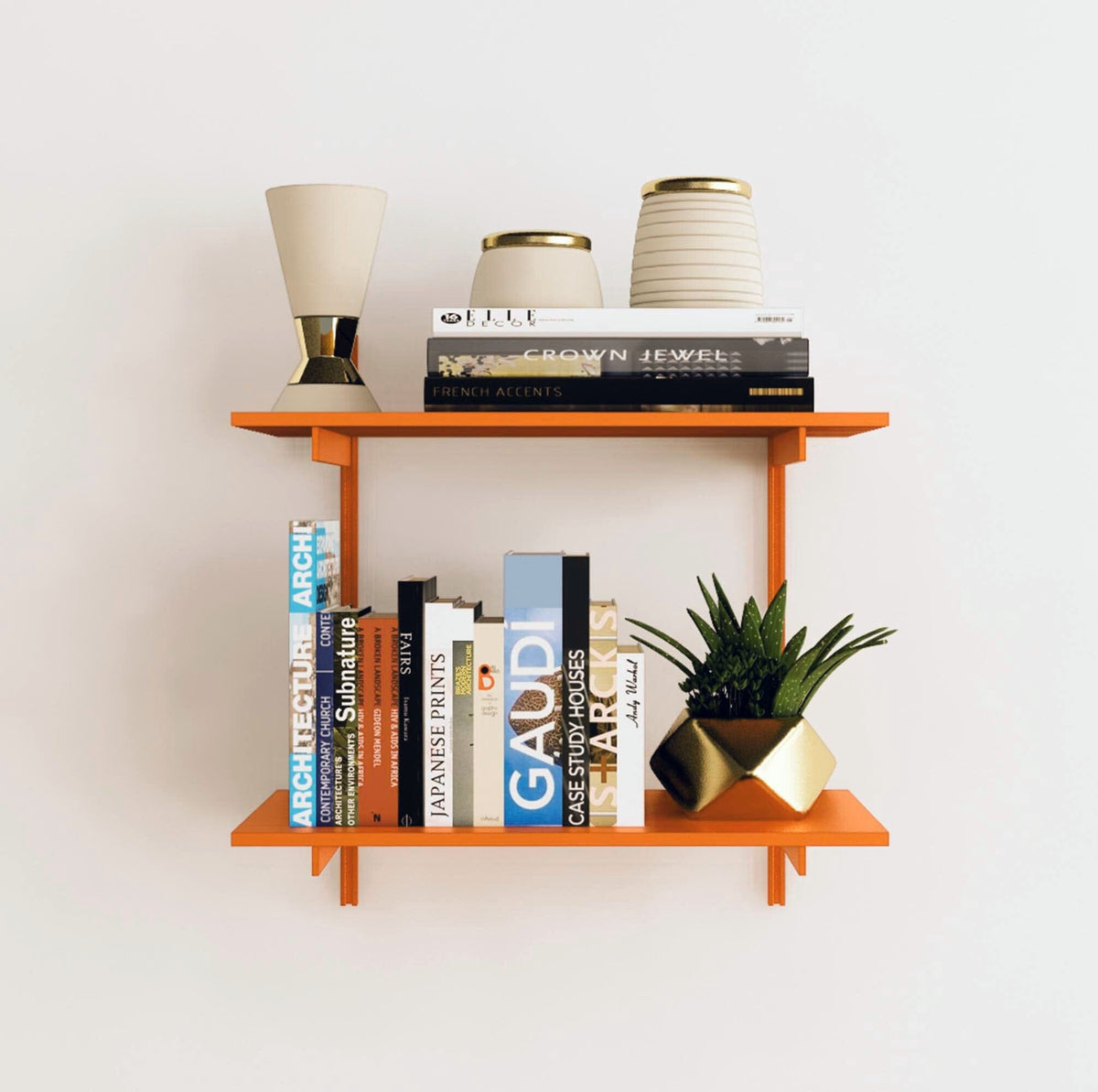 Modular shelving unit with orange shelves, orange vertical posts, and one bay, shown with two open shelf levels.