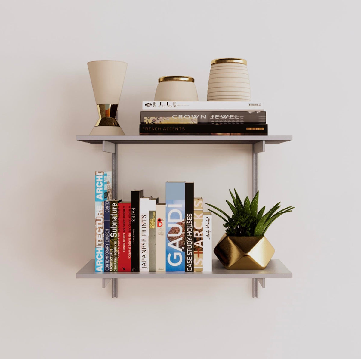 Modular shelving unit with satin shelves, satin vertical posts, and one bay, shown with two open shelf levels.