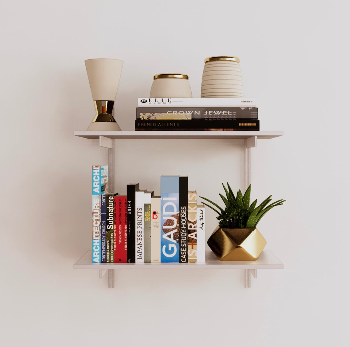 Modular shelving unit with white shelves, white vertical posts, and one bay, shown with two open shelf levels.
