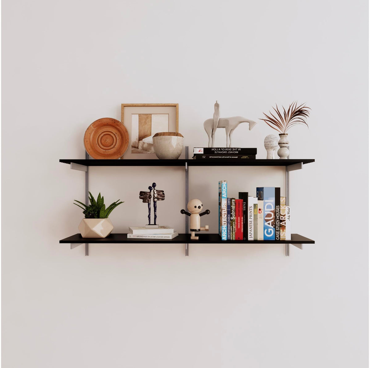 Modular shelving unit with black shelves, satin vertical posts, and one bay, shown with two open shelf levels.