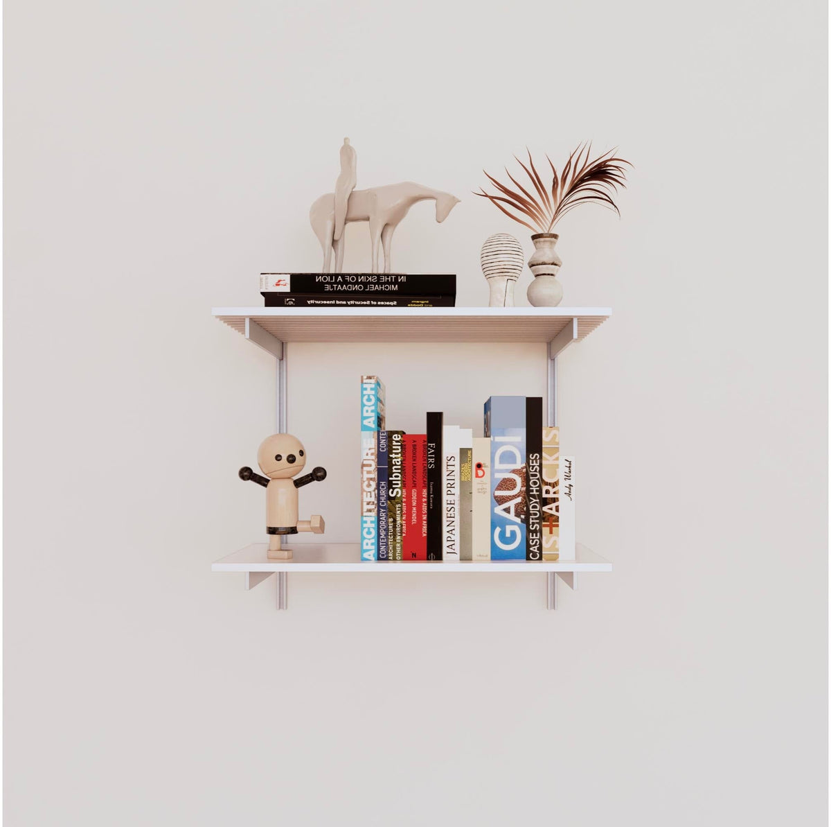 Modular shelving unit with white shelves, satin vertical posts, and one bay, shown with two open shelf levels.